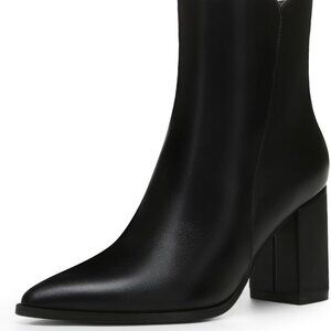 Women's Black PU Pointed Toe Chunky Heel Ankle Boots